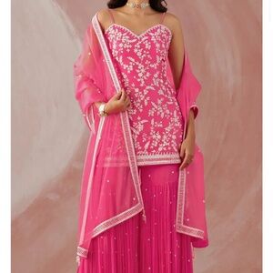 Pink Embroidered Sharara Set with Palazzo Pants
